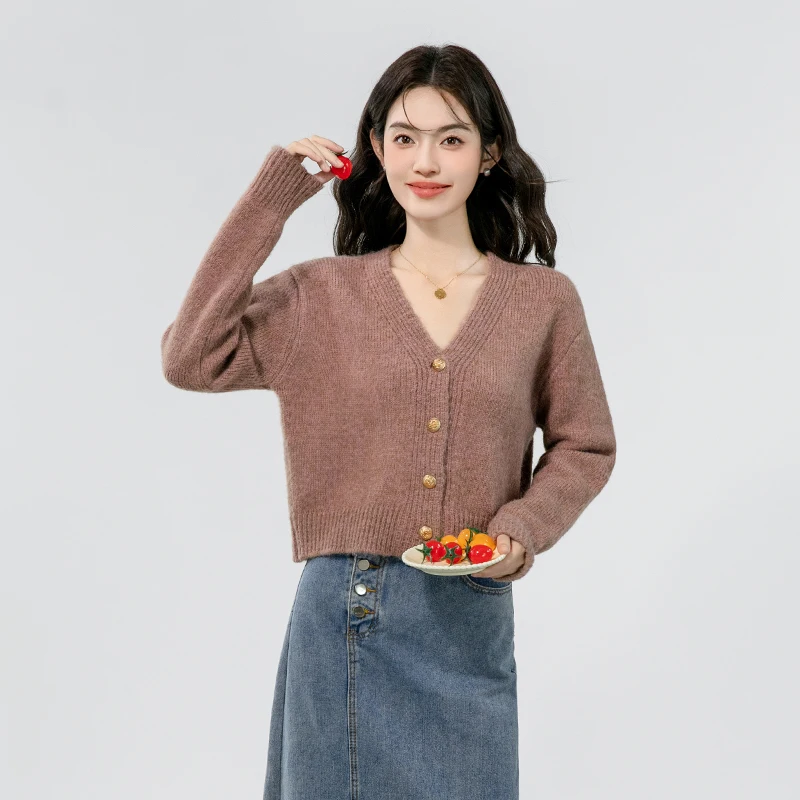 V-neck knitted cardigan women's short soft and sticky small sweater jacket 2024 autumn and winter new long sleeved top