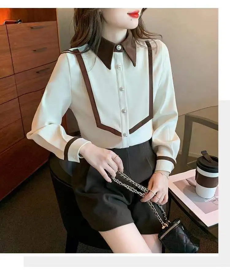 2024 Spring Autumn New Corduroy Retro POLO Collar Long Sleeve Shirt Women\'s Fashion Color Blocked Aging Temperament Top Trendy