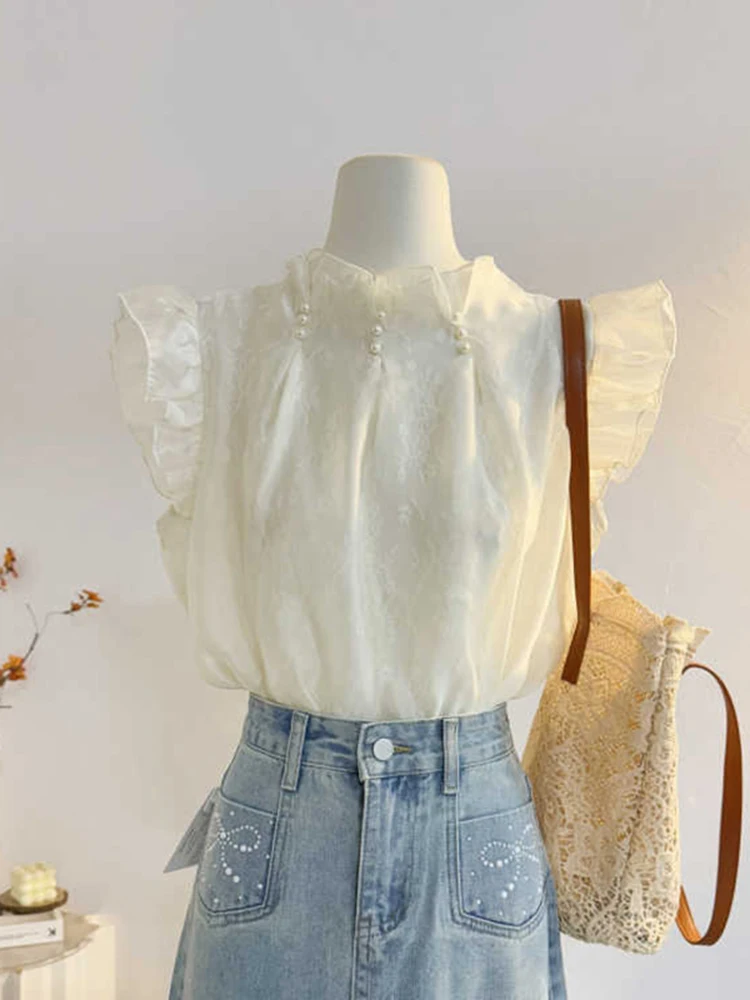 Summer French Temperament Nail Bead Stand Collar Flying Sleeve Chiffon Shirt Women\'s New Fashionable Short Sleeved Top S610