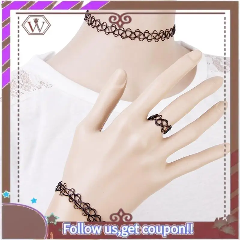(New)-5X Vintage Boho Tattoo Choker Elastic Stretch Necklace Ring Bracelet Set Retro Henna