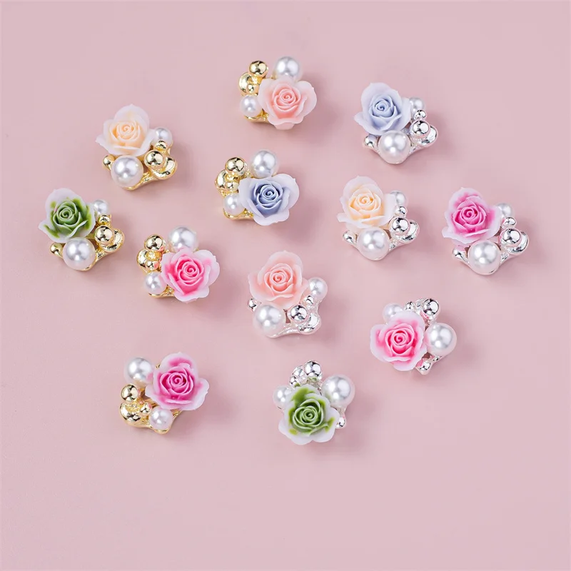 10PCS Luxury Nail Art Charms Resin Flower Pearl Decor Rhinestone For Nail Alloy Gems Parts For Manicure Nail Ornaments Supplies