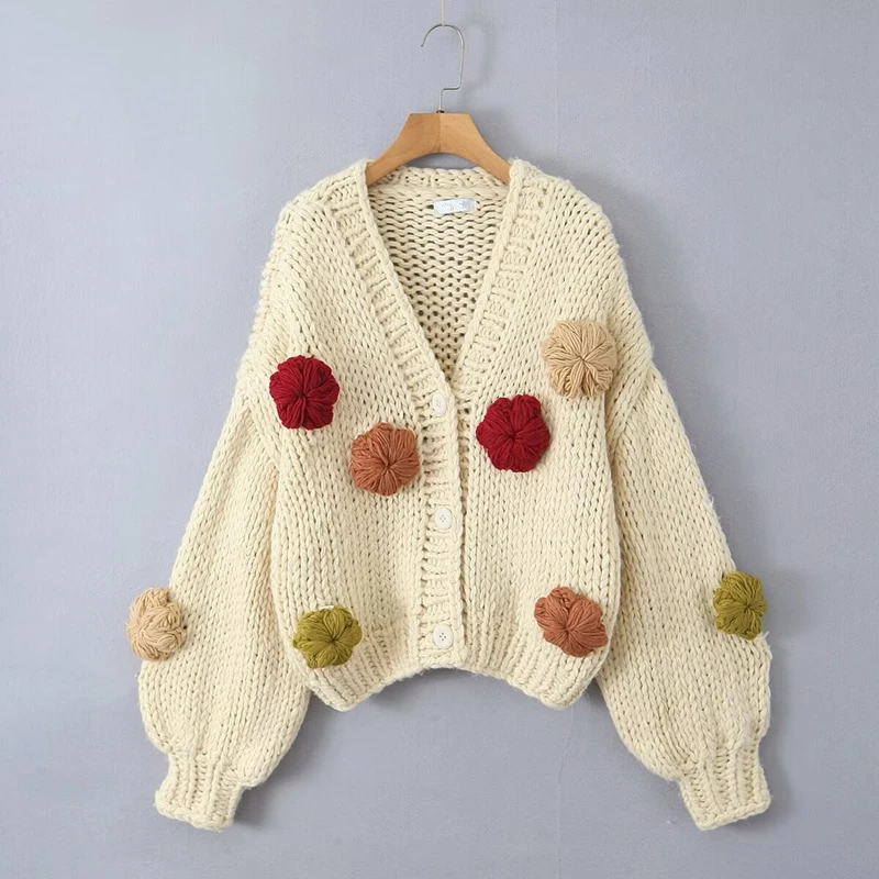 Maxdutti Embroideried Handmade Crochet Flower Knitted Cardigan Jacket French Retro Flower Winter Coat Women