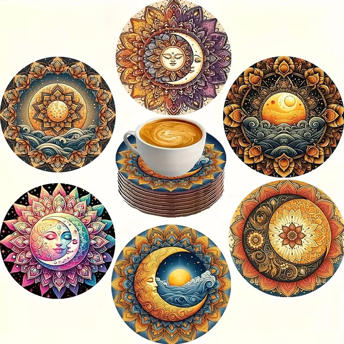 6Pcs Wooden Round Heat Insulation Drink Coasters Sun Moon Mandala Pattern Tabletop Decor Housewarming Gift