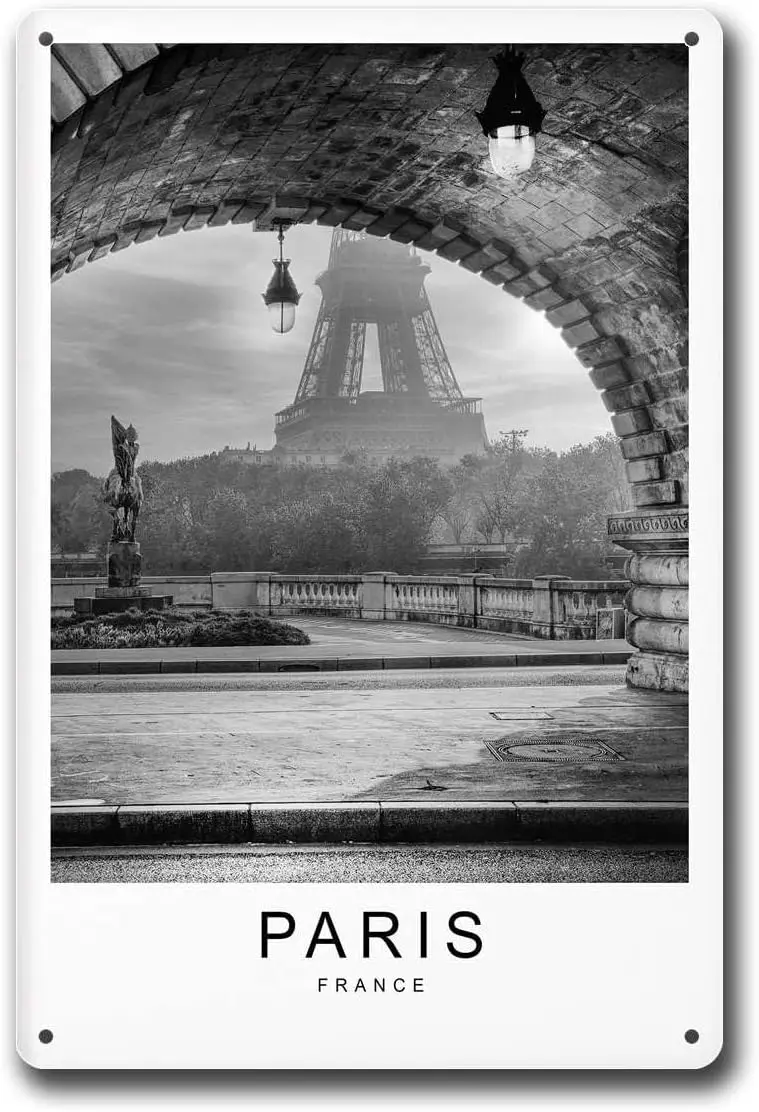 Tin Signs Paris Eiffel Tower French Capital Black And White Travel Art LandscapeBar and Restaurant Decoration 8x12inch Tin Sign