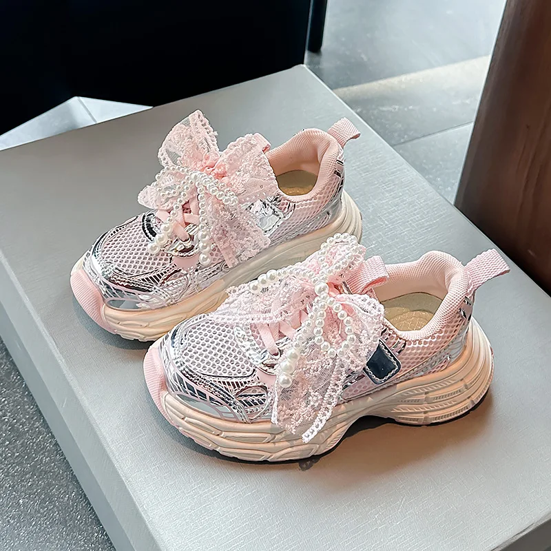 

Girls Sports Shoes with Sweet Mesh Bow Kids Running Shoes Breathable 2026 New Fashion Children Sneakers Princess Style Cute