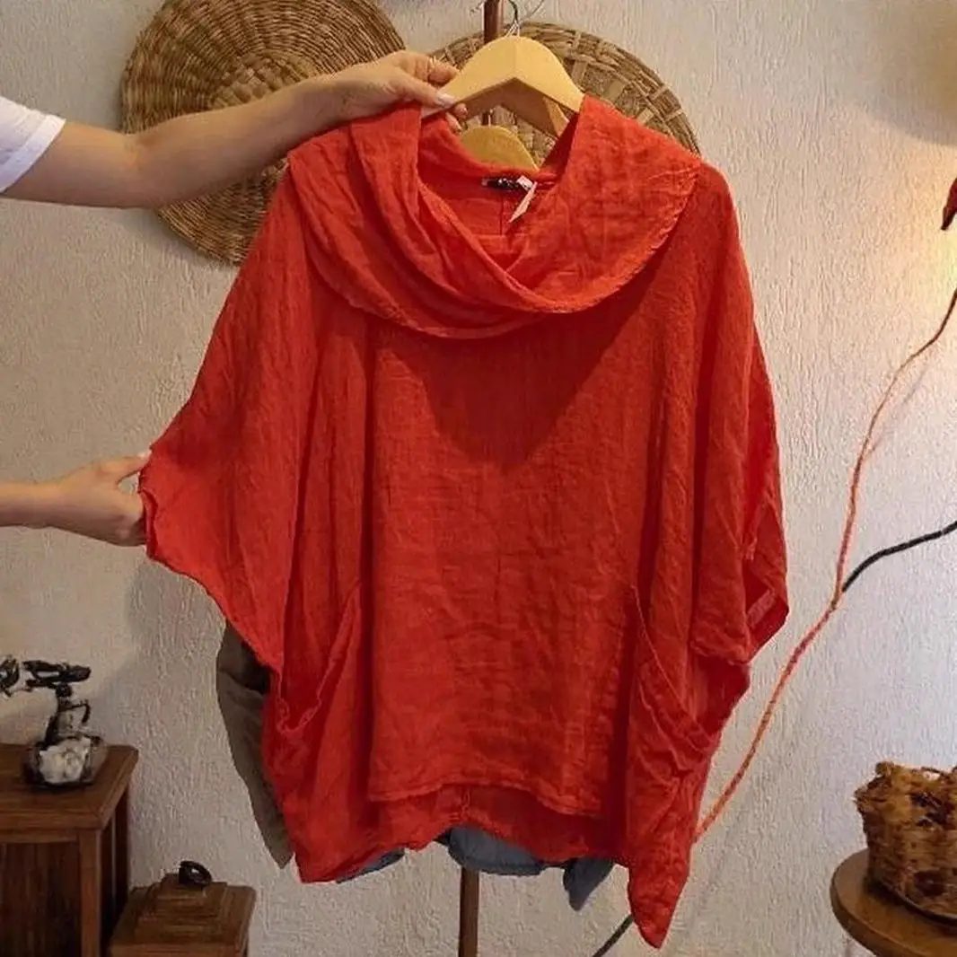 

Women's Pure Color Shirt Cotton Linen Long Sleeve Gored Neck Pocket Detail Cross-Border Fashion Summer Shirt Casual Blouse