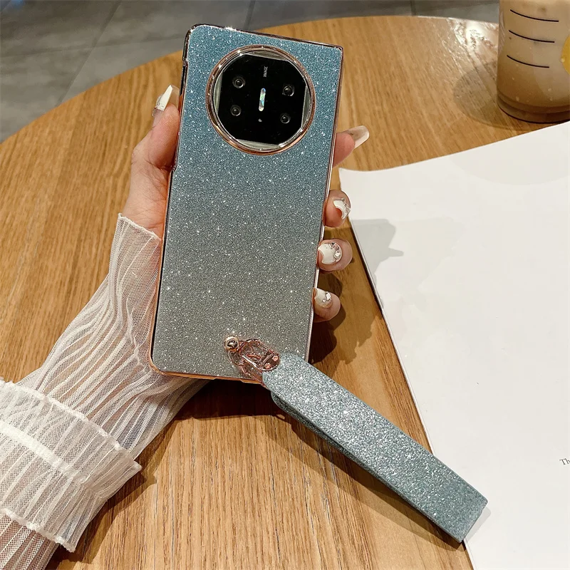 For Huawei Mate X5 X3 Case Fashion Electroplated Bling Glitter Shiny Wrist Strap Folding Shockproof Protective Hard Back Cover