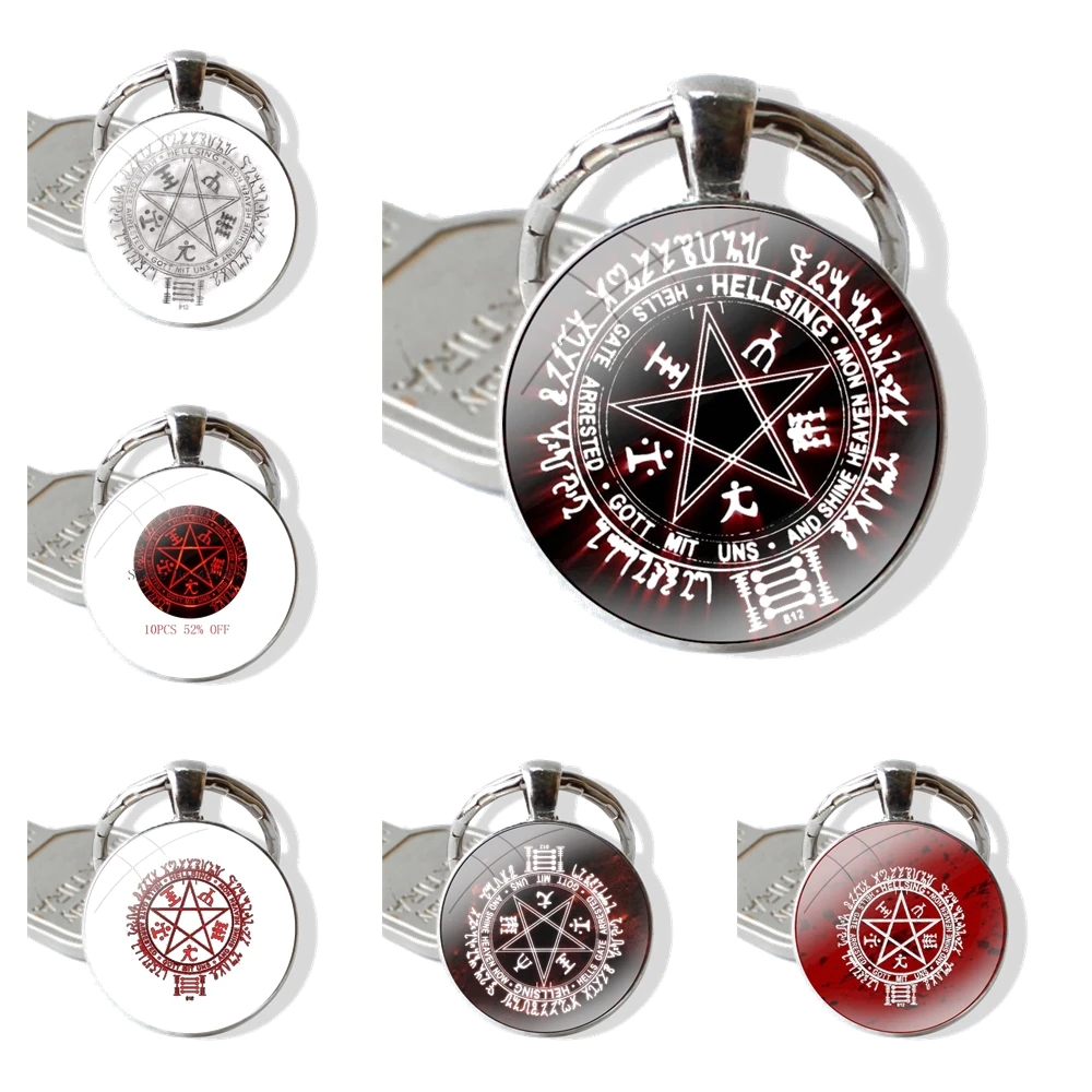 Keychain Handmade Glass Cabochon Key Ring Holder Pendant Key Chains Hellsing Alucard Pentagram