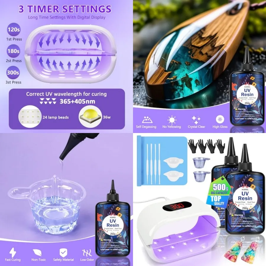 500g UV Resin with Large Double-Sided Light, 24 Lamp Beads UV Resin Kit, Hard Type Crystal Clear Resin for Craft Jewelry Making