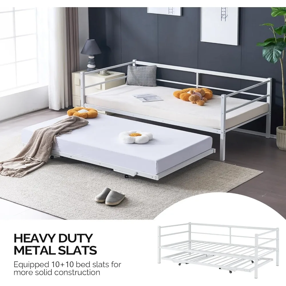 سرير نهاري VINGLI مع دولاب منبثق، سرير مزدوج معدني شديد التحمل مع دولاب، لا حاجة إلى صندوق زنبركي، أبيض