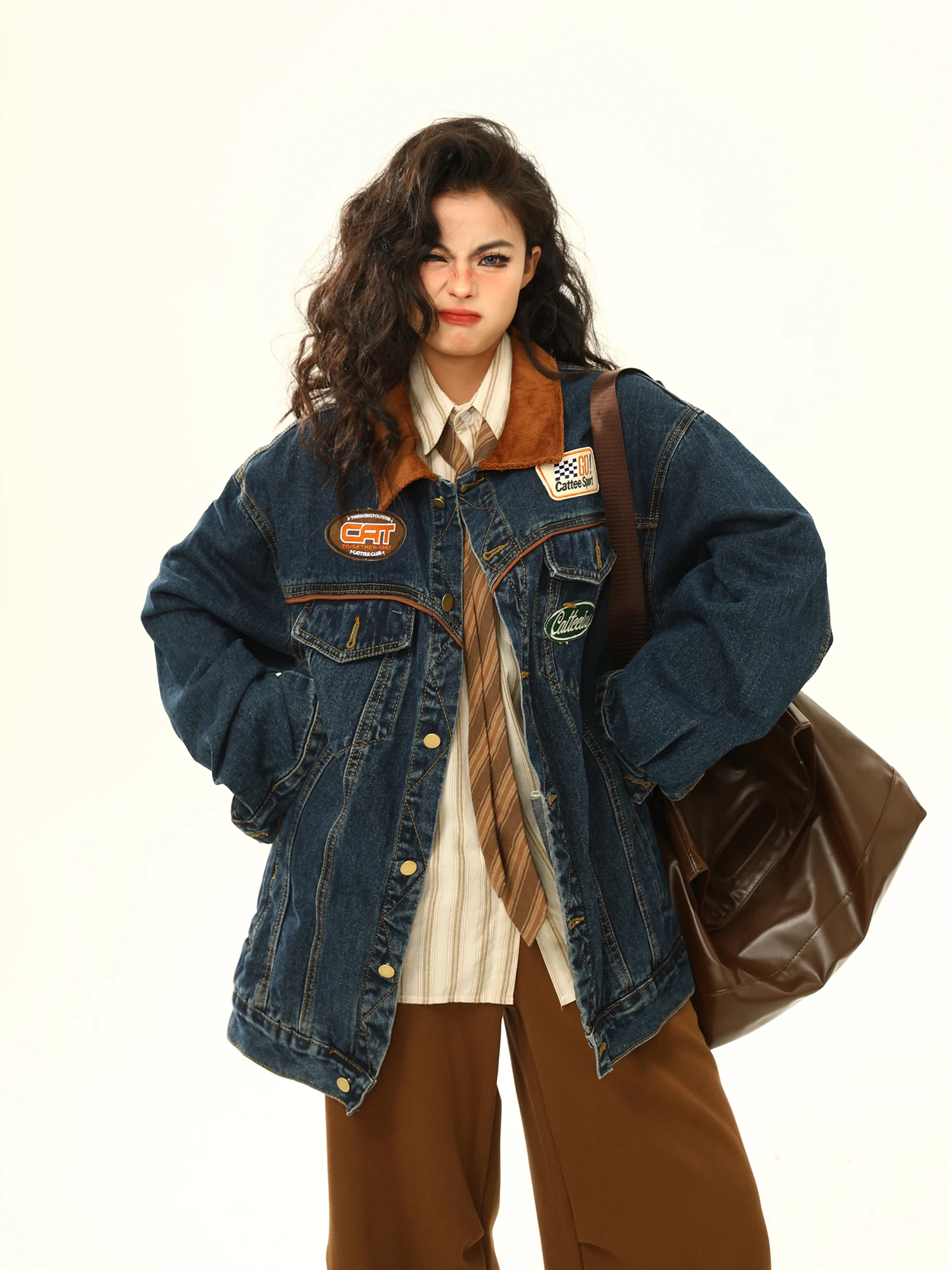 Denim jacket women's lapel splicing single-breasted spring new American retro trendy versatile casual loose top Versatile simple