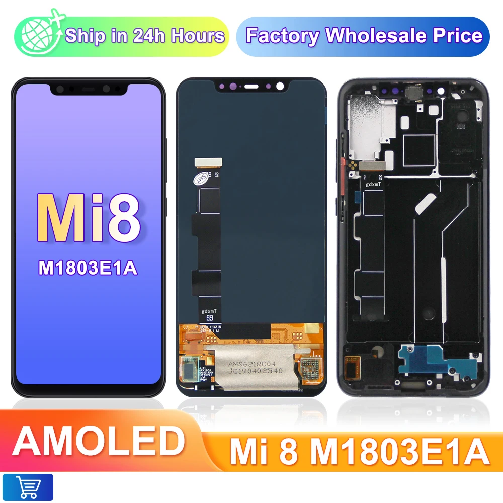 

6.21" Super AMOLED Mi 8 Screen Replacement, for Xiaomi Mi 8 Mi8 M1803E1A LCD Display Digital Touch Screen with Frame Assembly