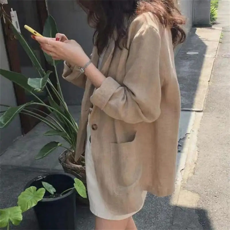 

2025 Spring and Summer Korean New Style Herringbone Linen Loose Simple Long-sleeve Casual Blazer for Women