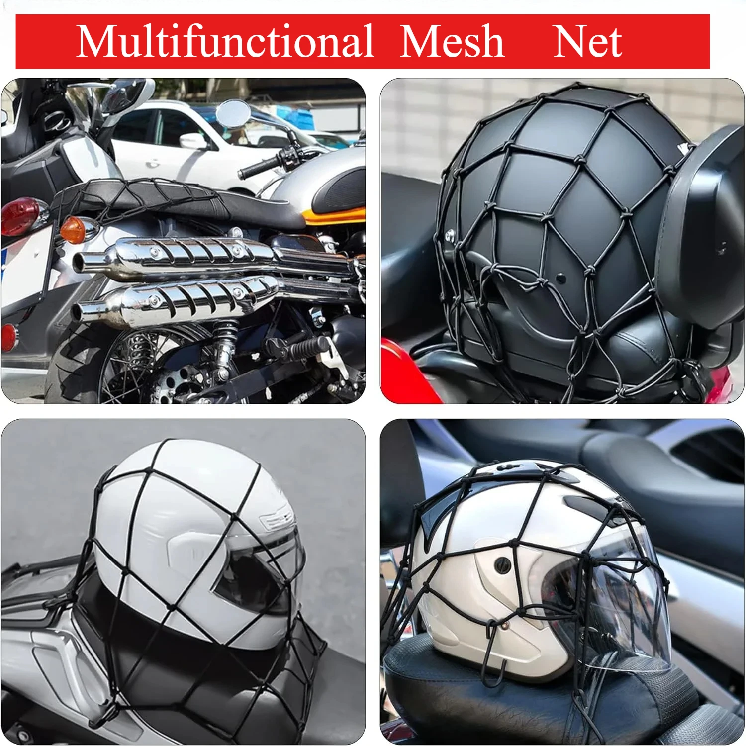 Motorcycle Cargo Net Bike Luggage Net adjustable High Elastic Hold Down Fuel Tank with Hooks Motorcycle Net for Helmet Storage
