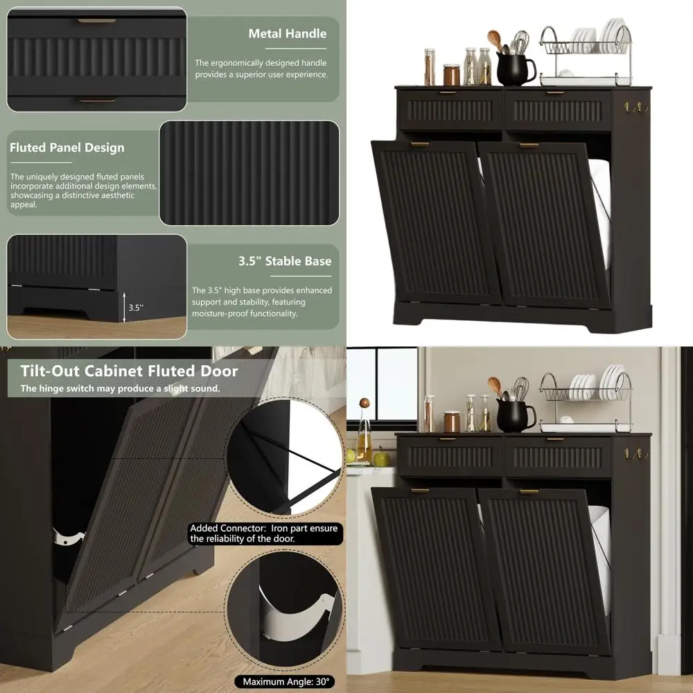 

Double 13 Gallon Wooden Trash Cabinet with Two Drawers and Hidden Hamper, Black