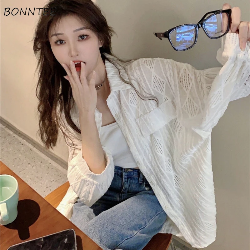 

Turn-down Collar Shirt Women Loose Korean-style Leisure Hollow Out Design Long-sleeve Pocket Solid Simple Office Ladies Design