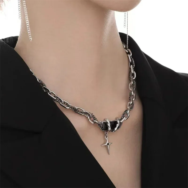 2024 Retro Black Zircon Star Necklace For Women Men Trend Titanium Steel Punk Nk Chain Unisex Jewelry New Couple Accessories