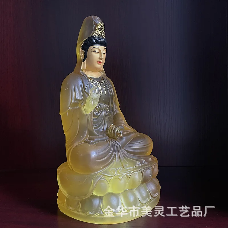 Guanyin Bodhisattva Sitting in Lotus, Nanhai Guanyin Buddha Statue Resin Sticking Gold Foil, Water Glass Statue Factory