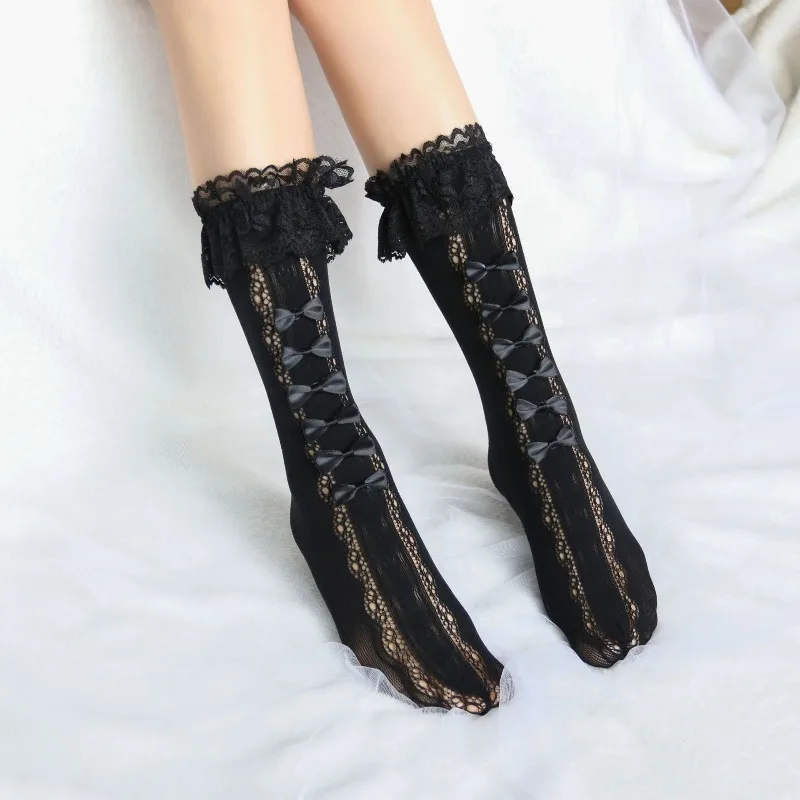 1 زوج من القوس على شكل منتصف طول جوارب JK الفتيات الدانتيل جوارب الدانتيل لوليتا الأميرة كوا طويلة طول مقوس دانتيل على شكل جوارب