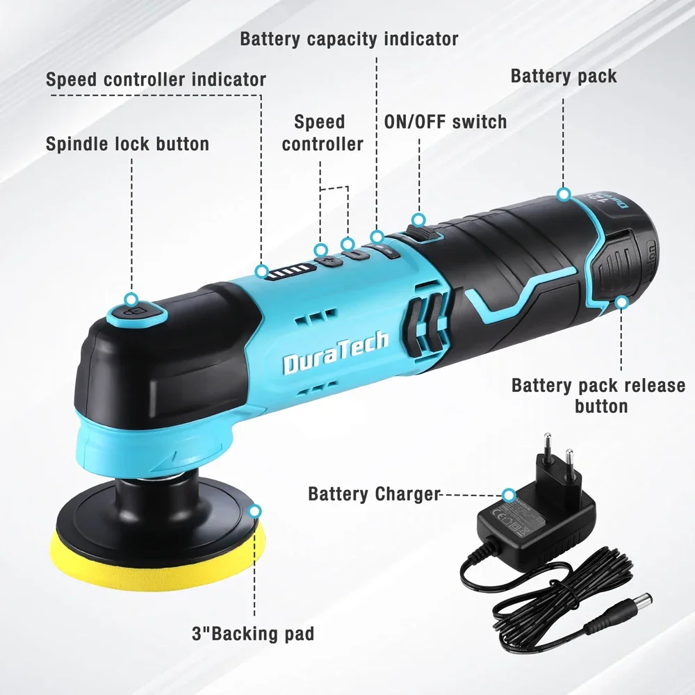 Duratech 12V Cordless Car Polisher Compact with 2.0Ah Battery Powerful 6-Speed Buffer Full Detailing Kit for Car Care