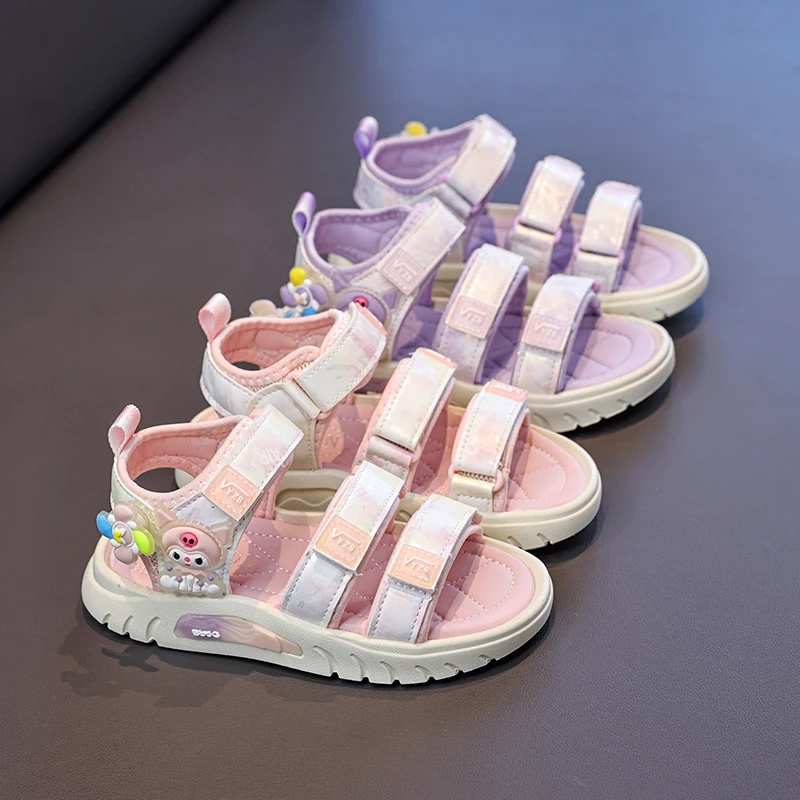 

Сандалии для девочек, сетчатые летние модные туфли с рисунком Куроми, дышащие, на плоской подошве, розовые, фиолетовые, размеры 28-38