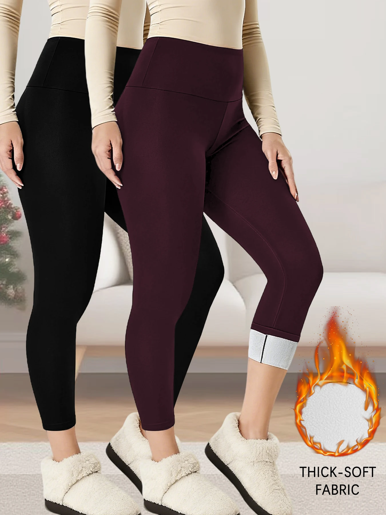 

2 Pack Women's high waisted fleece-lined leggings with tummy control. Thick soft thermal pants for cold winter workouts