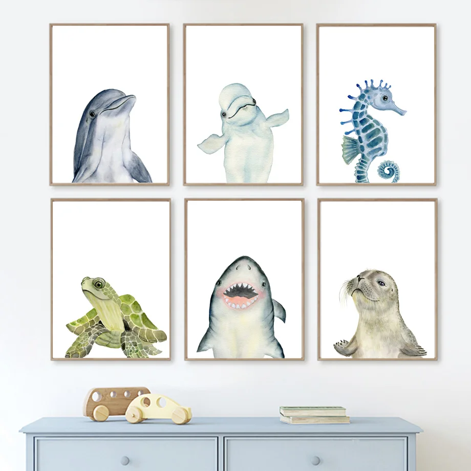 

Watercolor Marine Animals Wall Art Mural Whale Shark Seals Sea Turtle Canvas Painting Poster Print Pictures Kids Room Home Decor