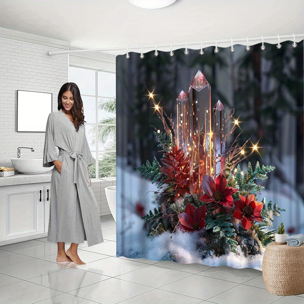 1pc 2D Flat Shower Curtain, Crystal Red Flower & Sparkling Pine Leaves Winter Holiday Printed Shower Curtain, Decor for Bathroom