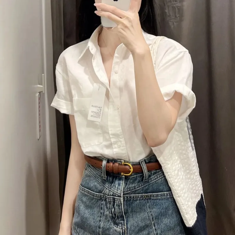 

White Short Sleeve Shirt for Women Summer Loose Casual Button Down Blouse Versatile Oversized Top