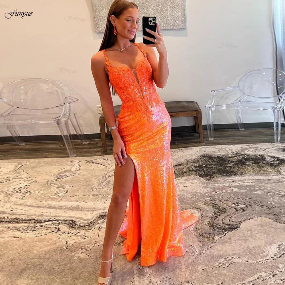 

Orange Mermaid V Neck Sequin Lace Long Prom Dresses with Slit Appliques Lace Evening Gowns Vestidos De Graduación Sexy Backless