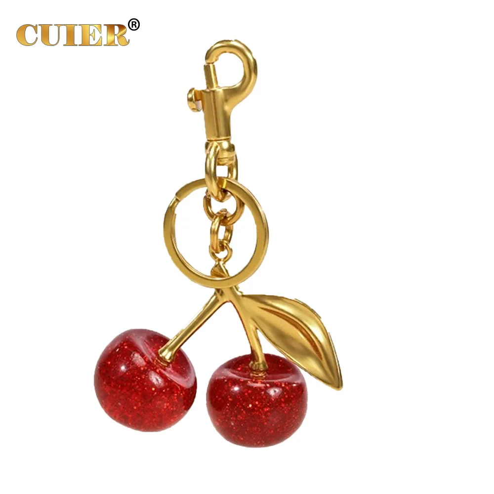 CUIER 1PC Cute Pearl Bracelet Cherry Fruit Keychain Bag Charm Black Red Jelly Cherrys Key Chain