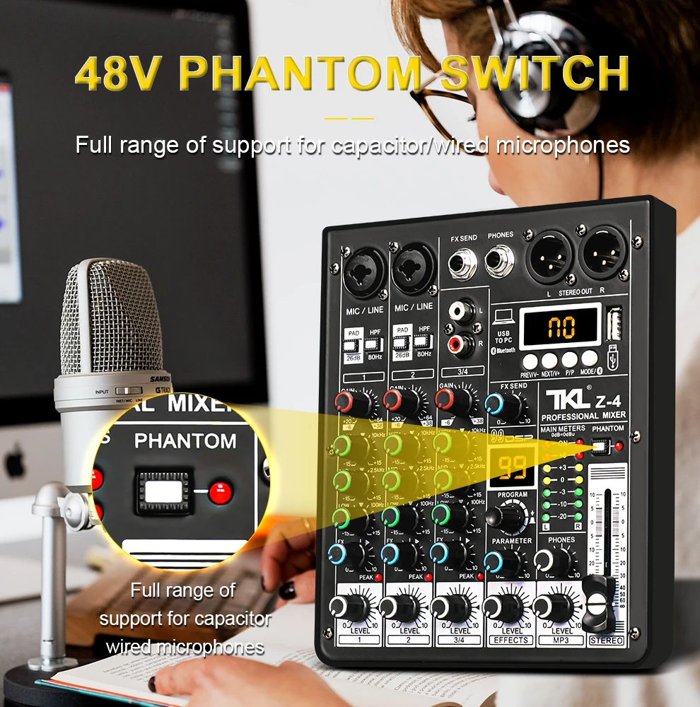 TKL 4 Channel 99 DSP Audio Mixer 48V Phantom Power USB Studio Sound Mixers Bluetooth DJ Console Mixing for Karaok