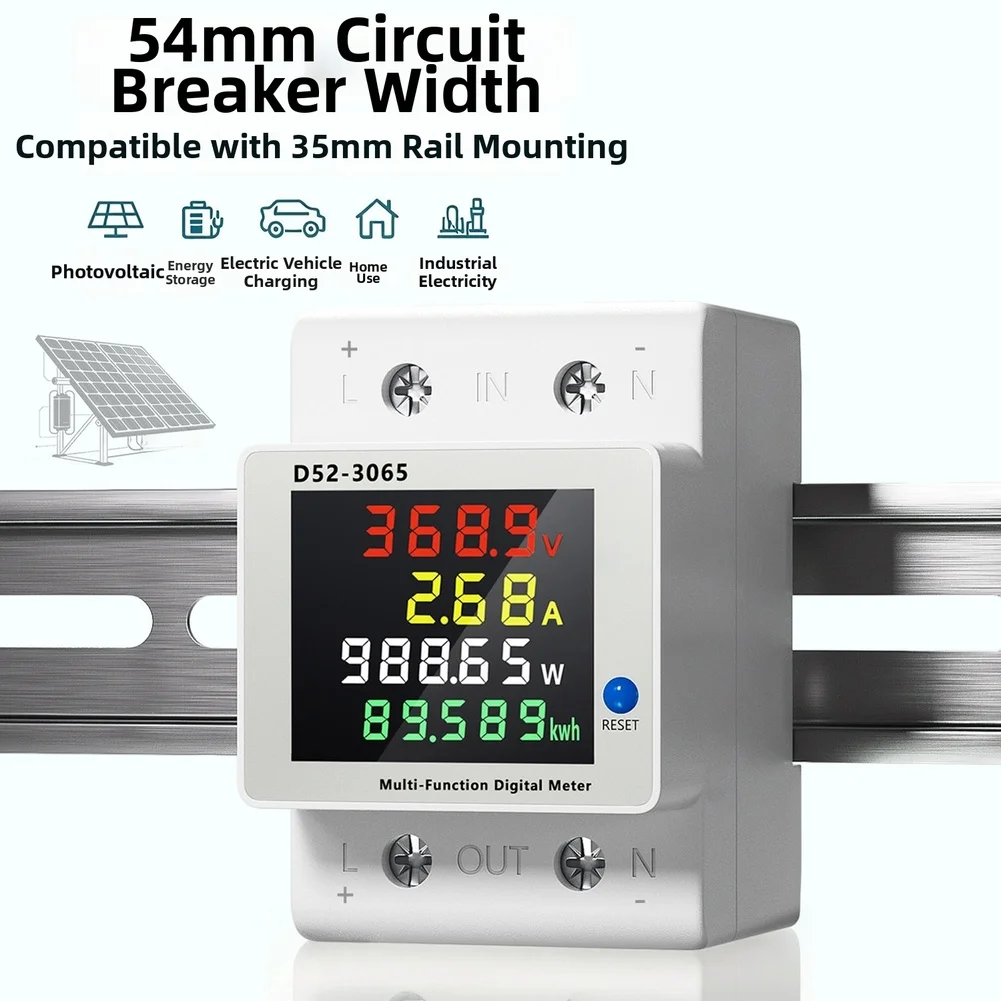 DC Energy Meter 63A for Single Phase DIN Rail Installation with 0.1V Voltage Resolution and 0.01A Current Resolution