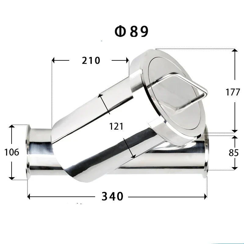 

89mm Pipe OD x 3.5" Tri Clamp Ferrule 106mm Sanitary Y-Shaped Strainer Filter SUS 304 Stainless Steel Homebrew Brewing