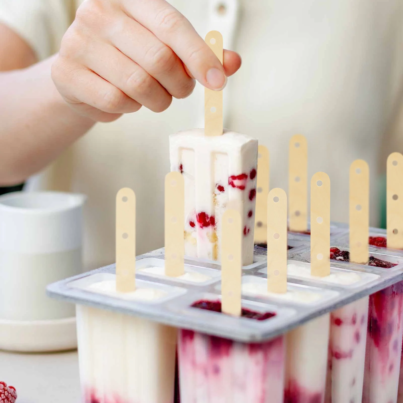 

100pcs Ice Cream Wood Popsicle With Holes Durable Craft Popsicle For Diy Desserts Food Grade Wooden Craft Sticks Bulk Mini Treat