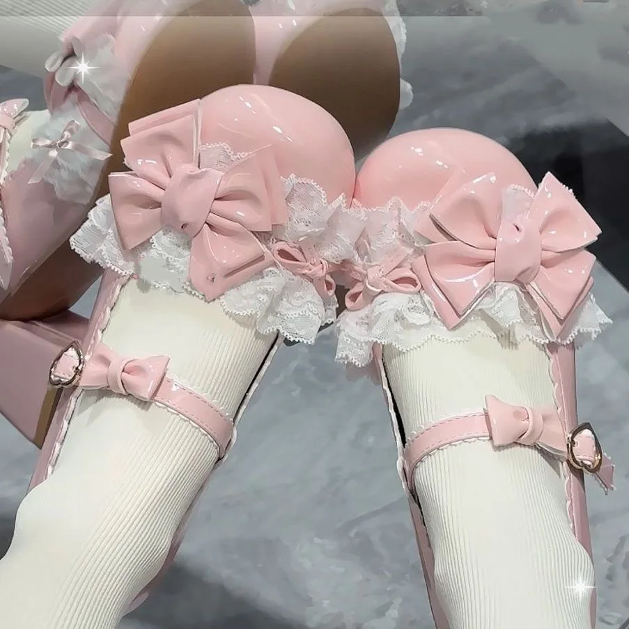 Lovely Mid-heel Women's Mary Jane Shoes Bowknot Lace Cute Lolita Shoes Round Toe Chunky Heel Sweet Pumps Size35 Zapatos De Mujer