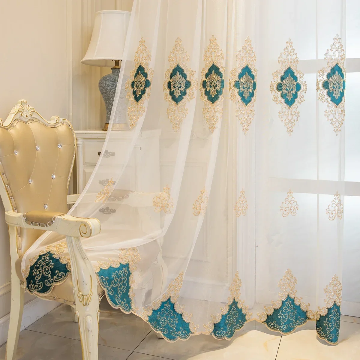 ستائر غزل شفافة لنافذة JS 1 قطعة ستارة تول مطرزة على الطراز الأوروبي الفاخر لغرفة المعيشة وغرفة نوم فوال رائعة