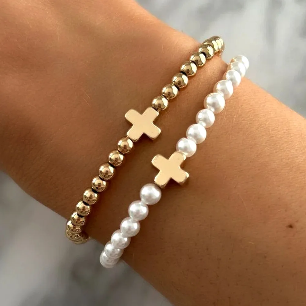 

Fashion personality iron gall stone cross imitation pearl copper bead bracelet two-piece women's bracelet