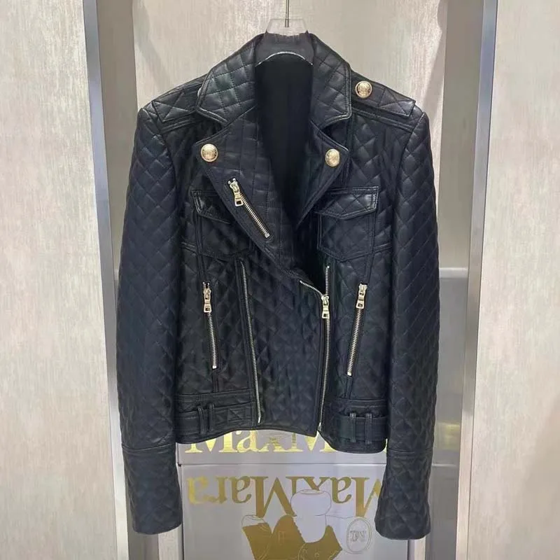 Women Coat Spring And Autumn 2023 New Fashion Short Length Locomotive Model Style Diamond Lattice Decoration Real Sheepskin