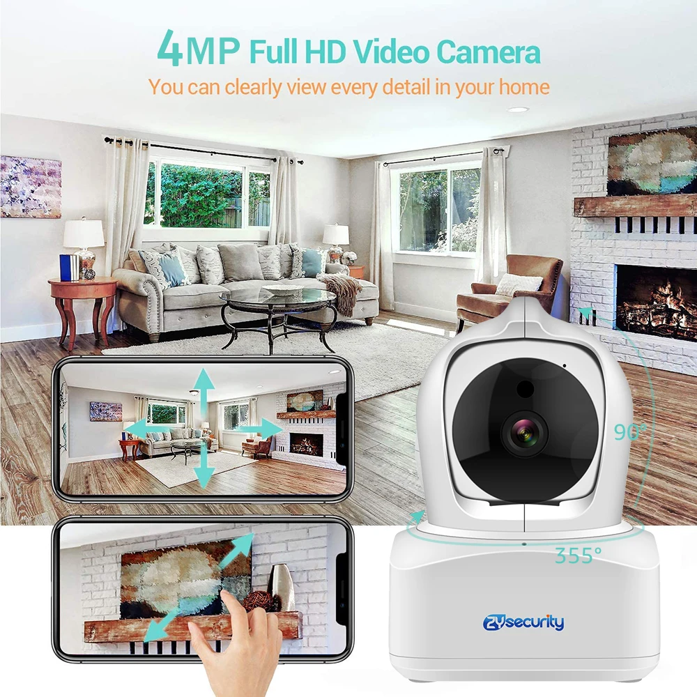 Câmera interna para segurança doméstica, câmera de bebê com visão noturna, câmera pet 360 °, detecção de movimento, áudio bidirecional, WiFi 4MP