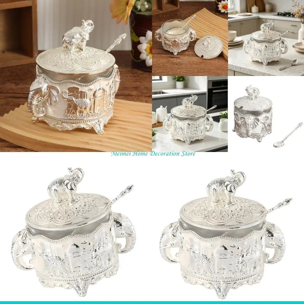 

H7BF Attractive Glass Sugars Pot With Zinc Alloy Cover And Spoon Seasoning Storage Jar