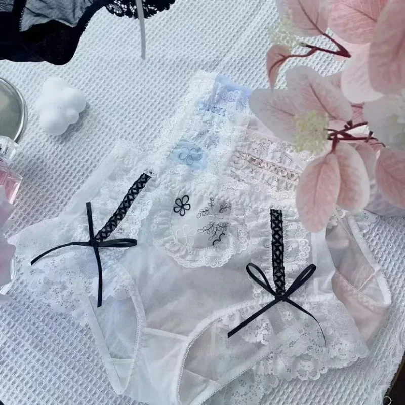 كبيرة الحجم لوليتا مثير مقوس دانتيل ملخصات سيسي شبكة منتصف الخصر سراويل عبر خلع الملابس شفافة التطريز لطيف ملخصات