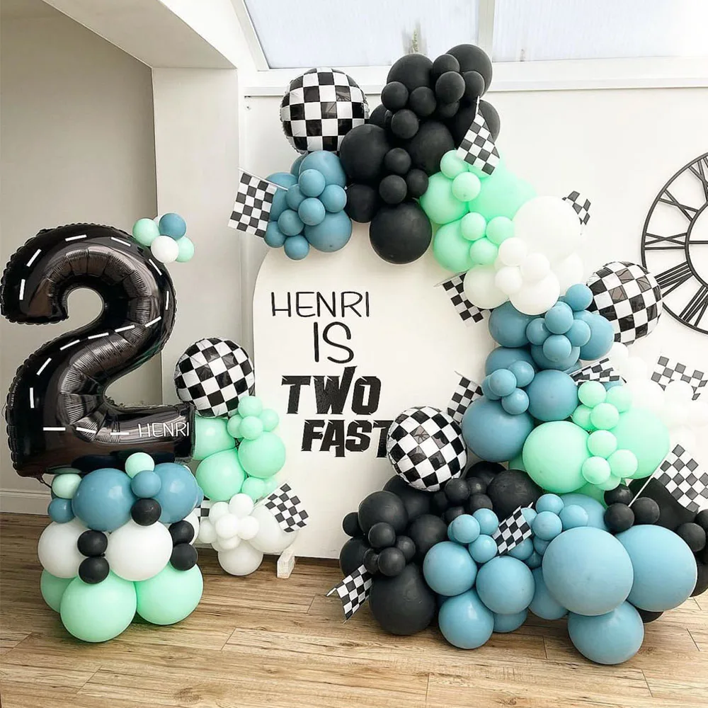 

129Pcs Race Car Theme Balloon Garland Arch Kit 40inch Checkered Number Balloon Boy's Two Fast Birthday Party Baby Shower Decor