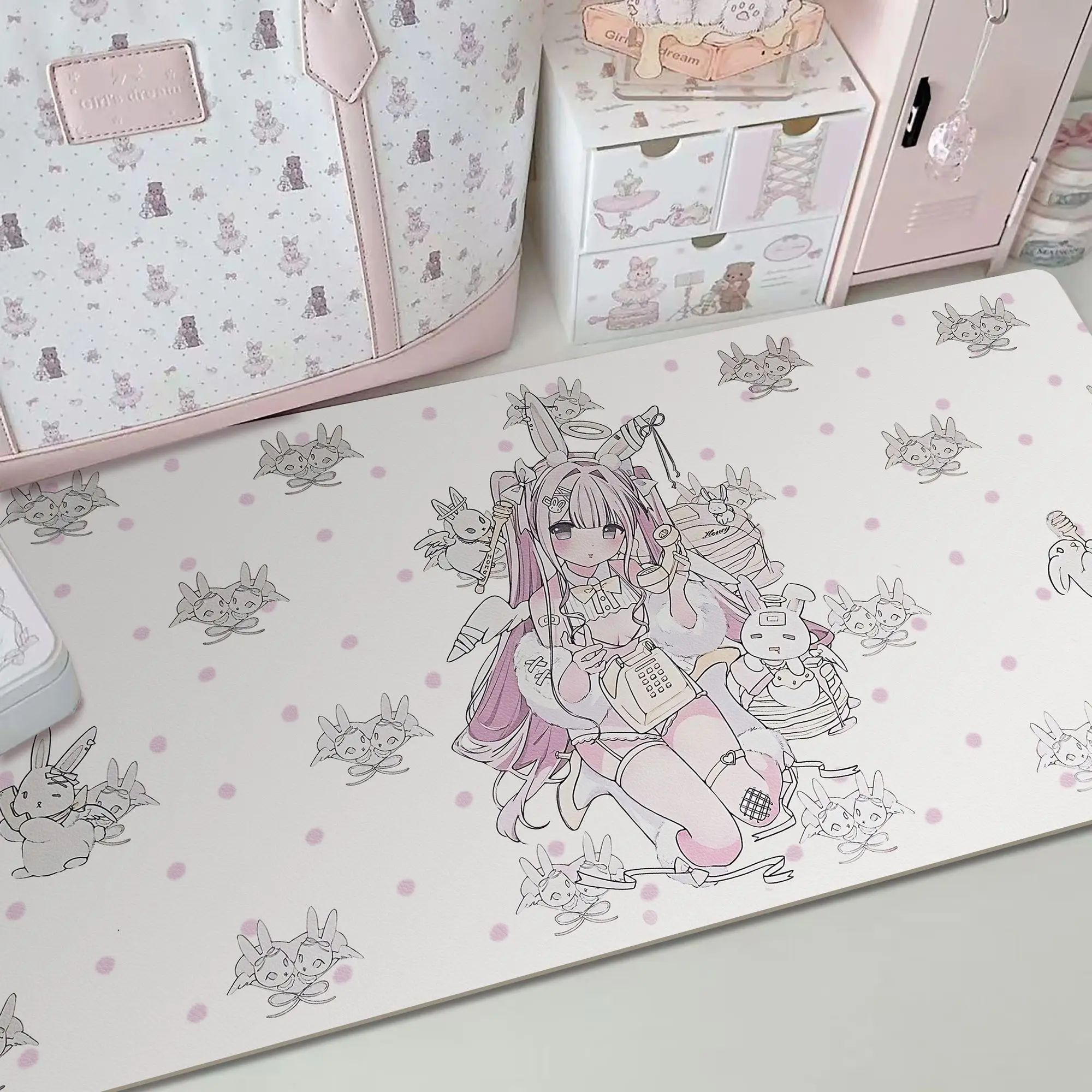 Pink Polka Dots Line Bunny Anime Girl Telephone PU Leather Desk Pad Protector Y2K Mouse Pad Office Desk Mat Desk Blotter Pad