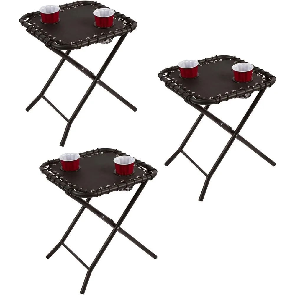 

17.5" Folding Textaline Side Table with Mesh Drink Holders for Camping, Patio, Picnics (Set of 3)