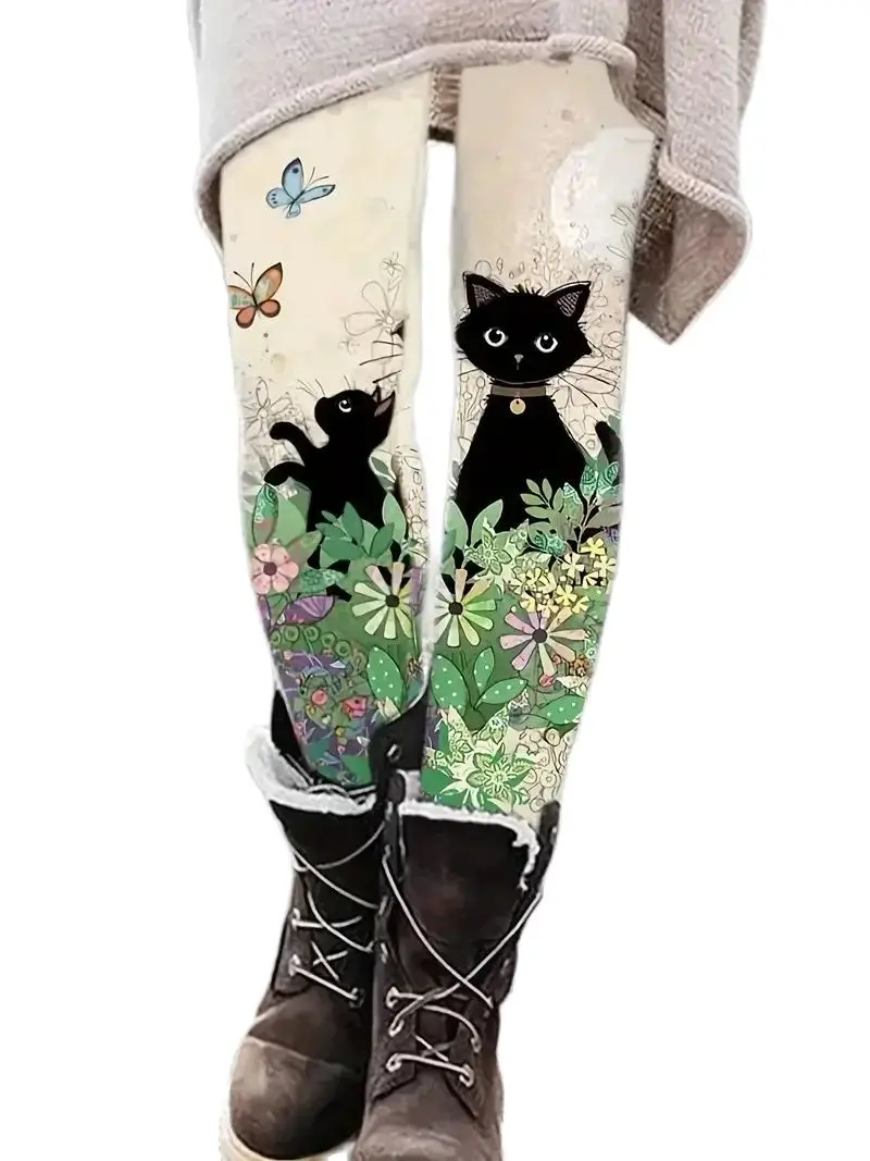 Floral cute kitten print elastic elastic waist slim leggings casual skinny capri pants for women