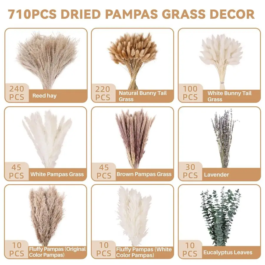 Natural Dried Pampas Grass Decor, 9 Types Dried Flowers for Vase Boho Decor for Living Room, Wedding, Party,Centerpiece Table, H