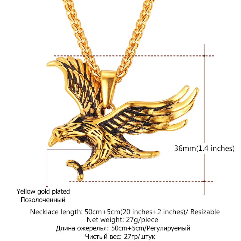 U7 Eagle Necklace Gold Color Stainless Steel Hawk Animal Charm Pendant Link Chain Statement HIip Hop Daily Jewelry
