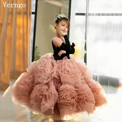 Verngo Pink Tulle Flower Girls Dress High Neck A Line Ball Gowns Princess 3D Flowers Kid Birthday Party Dresses Customized