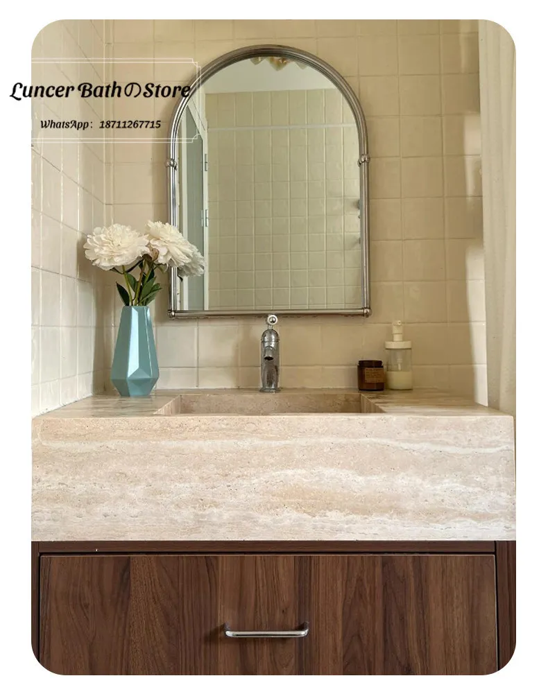 Mid-century Travertine Vanity Set with Marble Undermount Sink